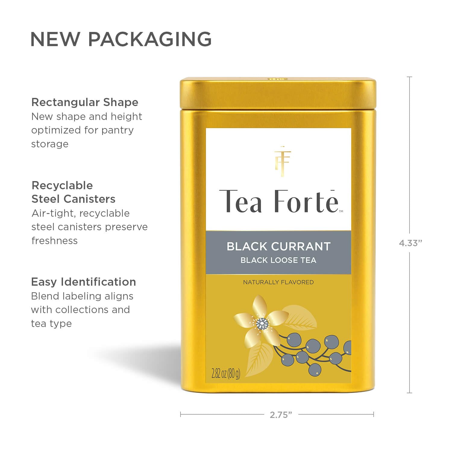 Tea Forte lata junto a una taza para comparar tamaño y porción