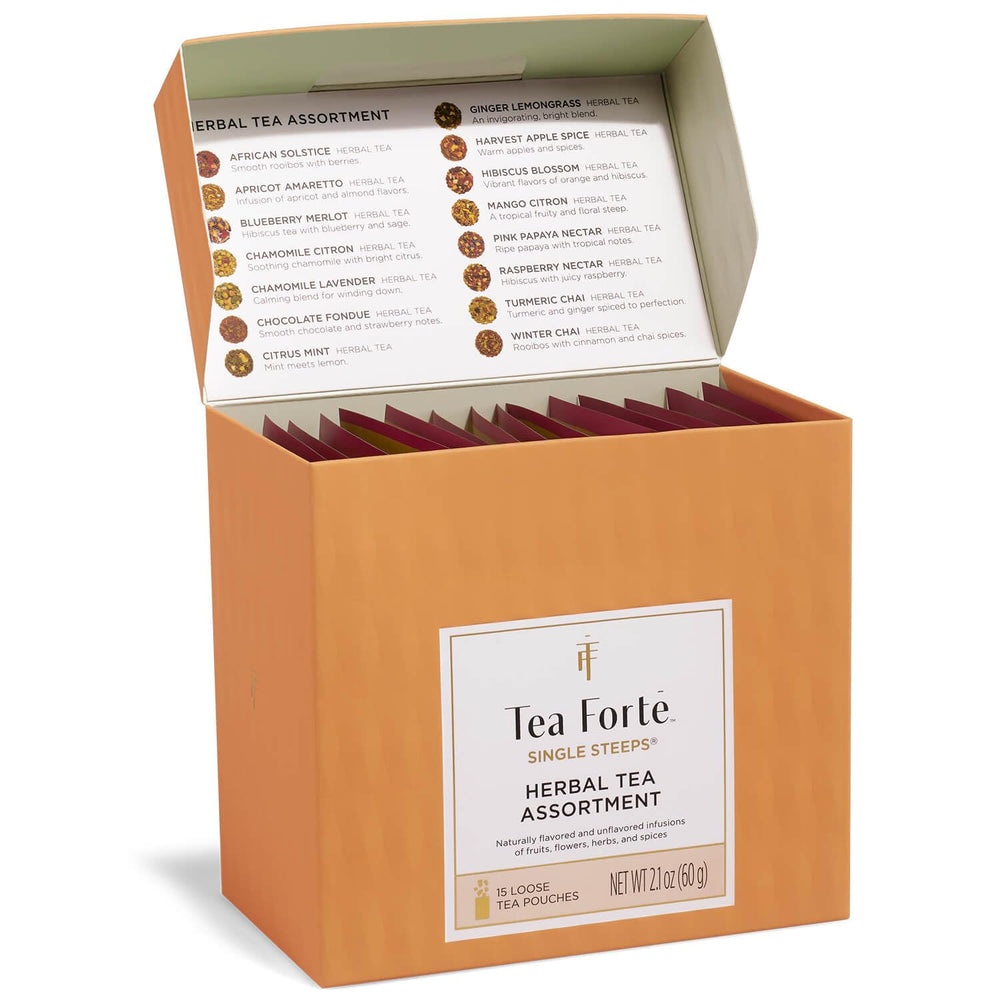 Tea Forte caja frente mostrando 15 sobres porcionados y variedad de sabores