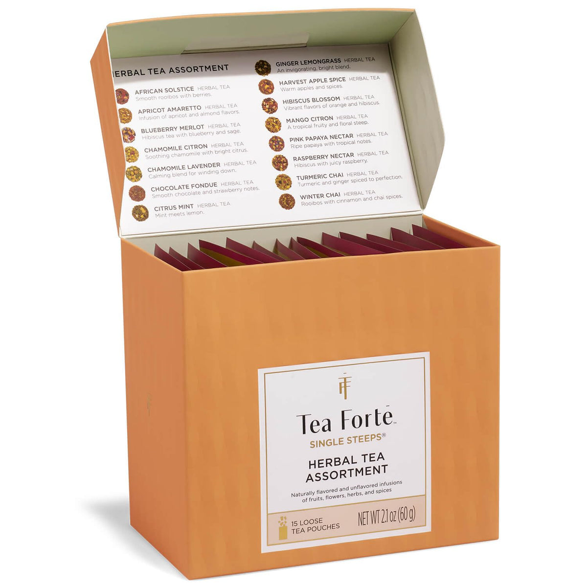 Tea Forte caja frente mostrando 15 sobres porcionados y variedad de sabores