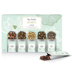 Tea Forte empaque frontal Lotus mostrando caja elegante y variedad