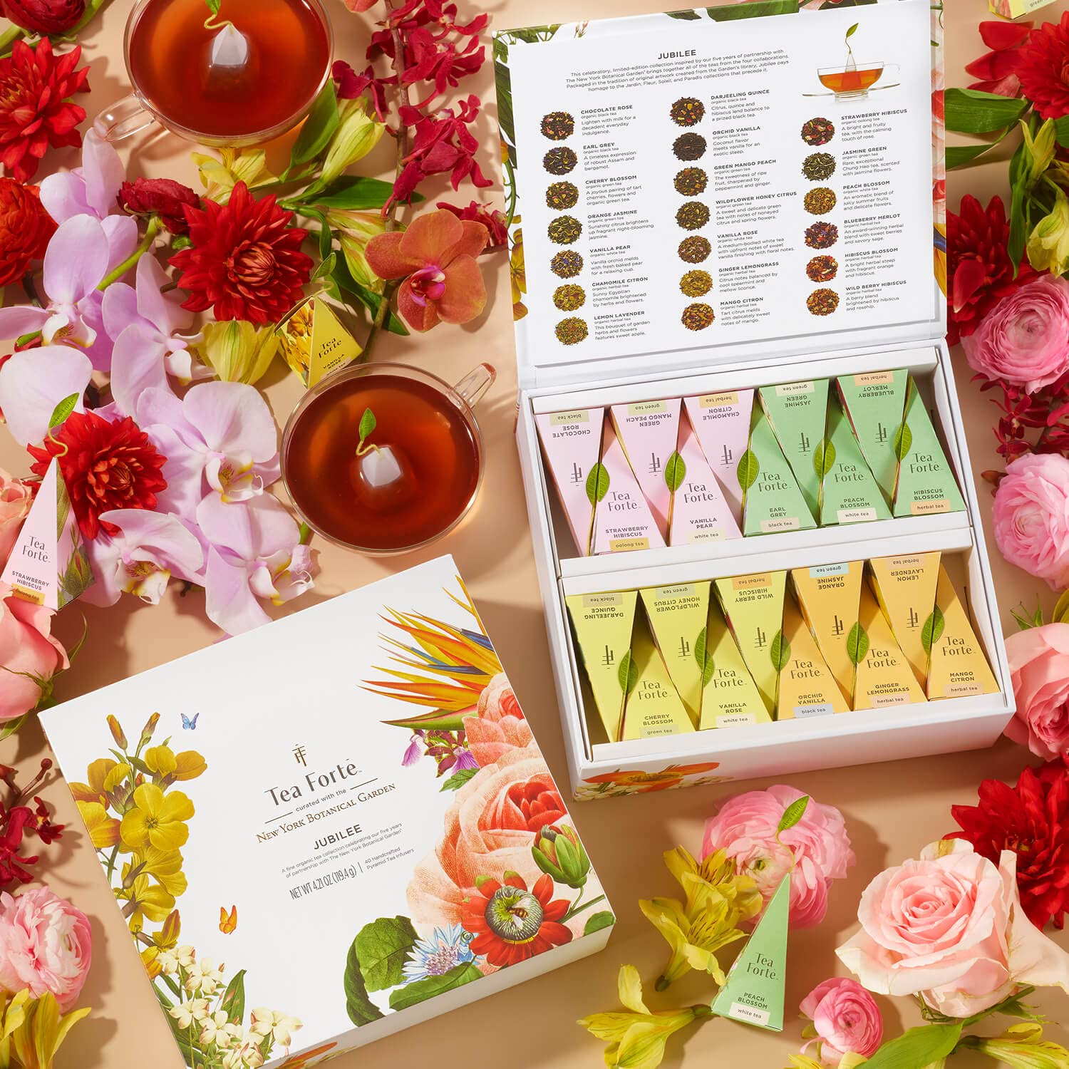 Tea Forté pirámides desplegadas para ver colores y mezcla, fácil de probar