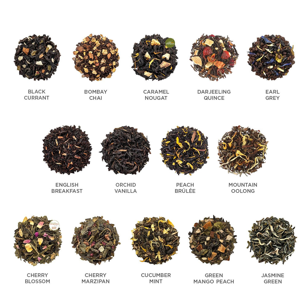 Tea Forte disposición de bolsas que muestra la diversidad de sabores