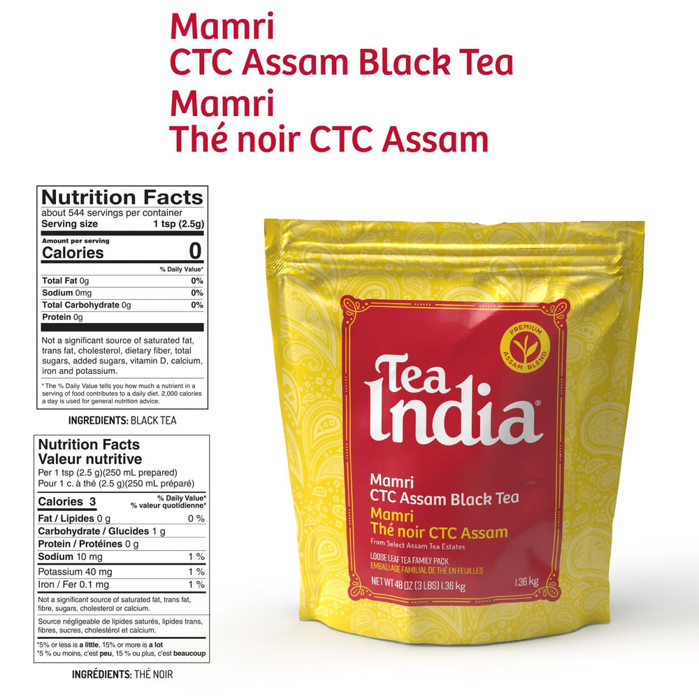 Tea India etiqueta informativa con origen Assam y consejos de uso