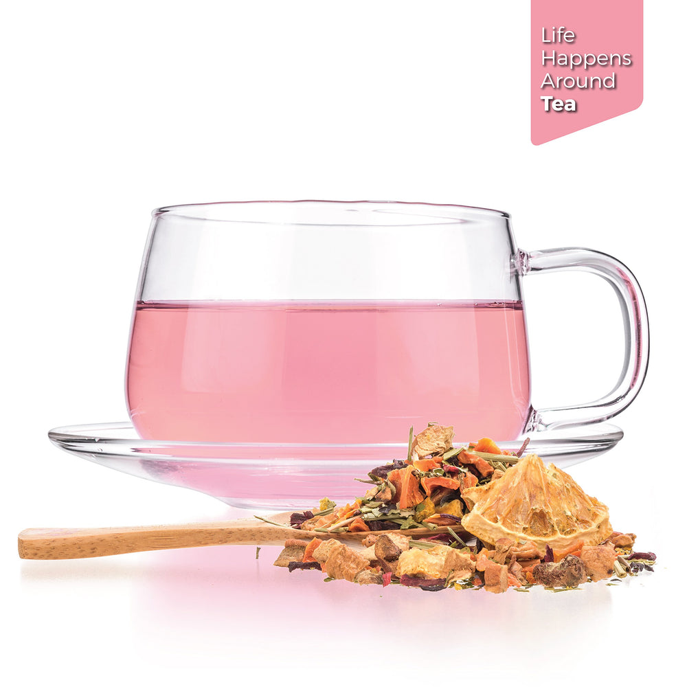 Tealyra taza caliente rosa claro que aporta confort y sabor cítrico reconfortante