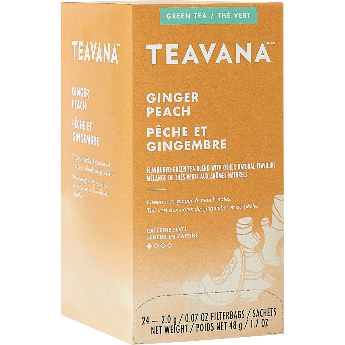 Teavana frente del cartón con bolsitas, presentación práctica y fresca
