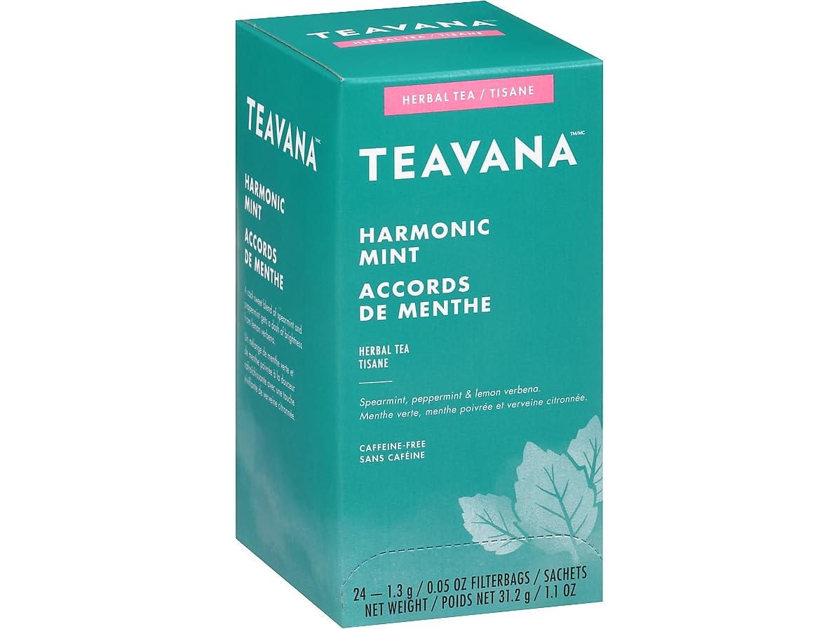 Teavana caja frontal Harmonic Mint descafeinado mostrando 24 bolsitas y ventaja de conveniencia