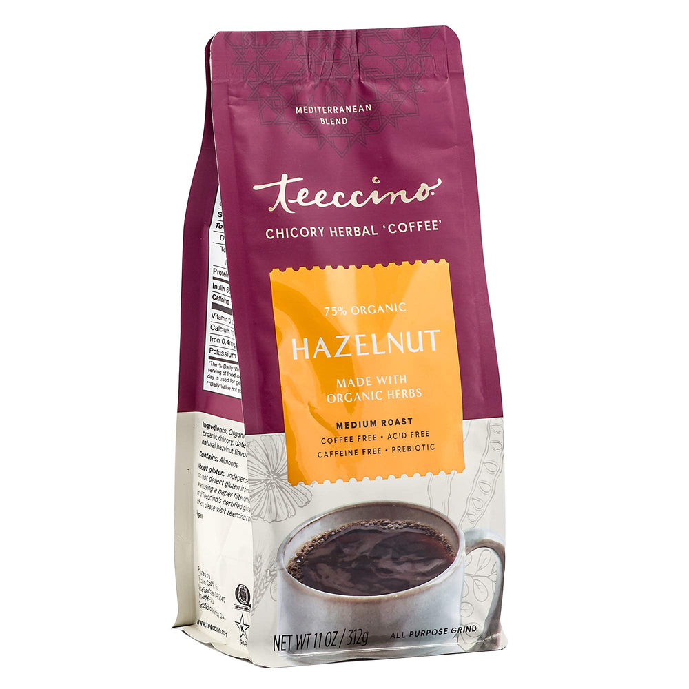 Teeccino bolsa abierta con vista de granulado, fácil de preparar como café
