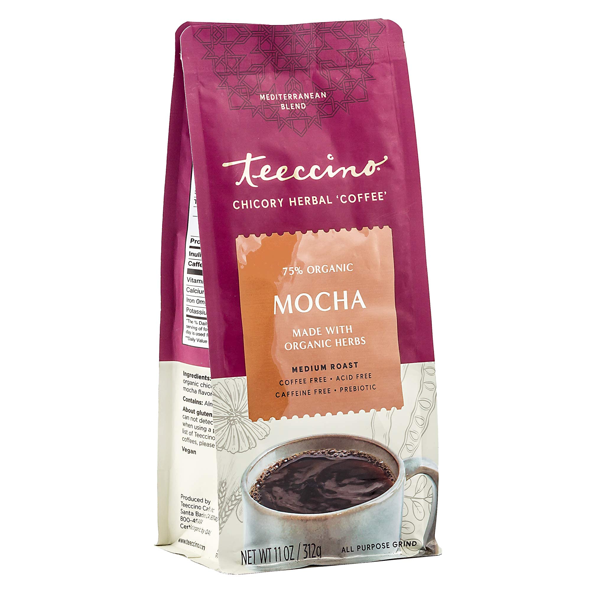 Primer plano del molido Teeccino mostrando textura tostada y aroma rico