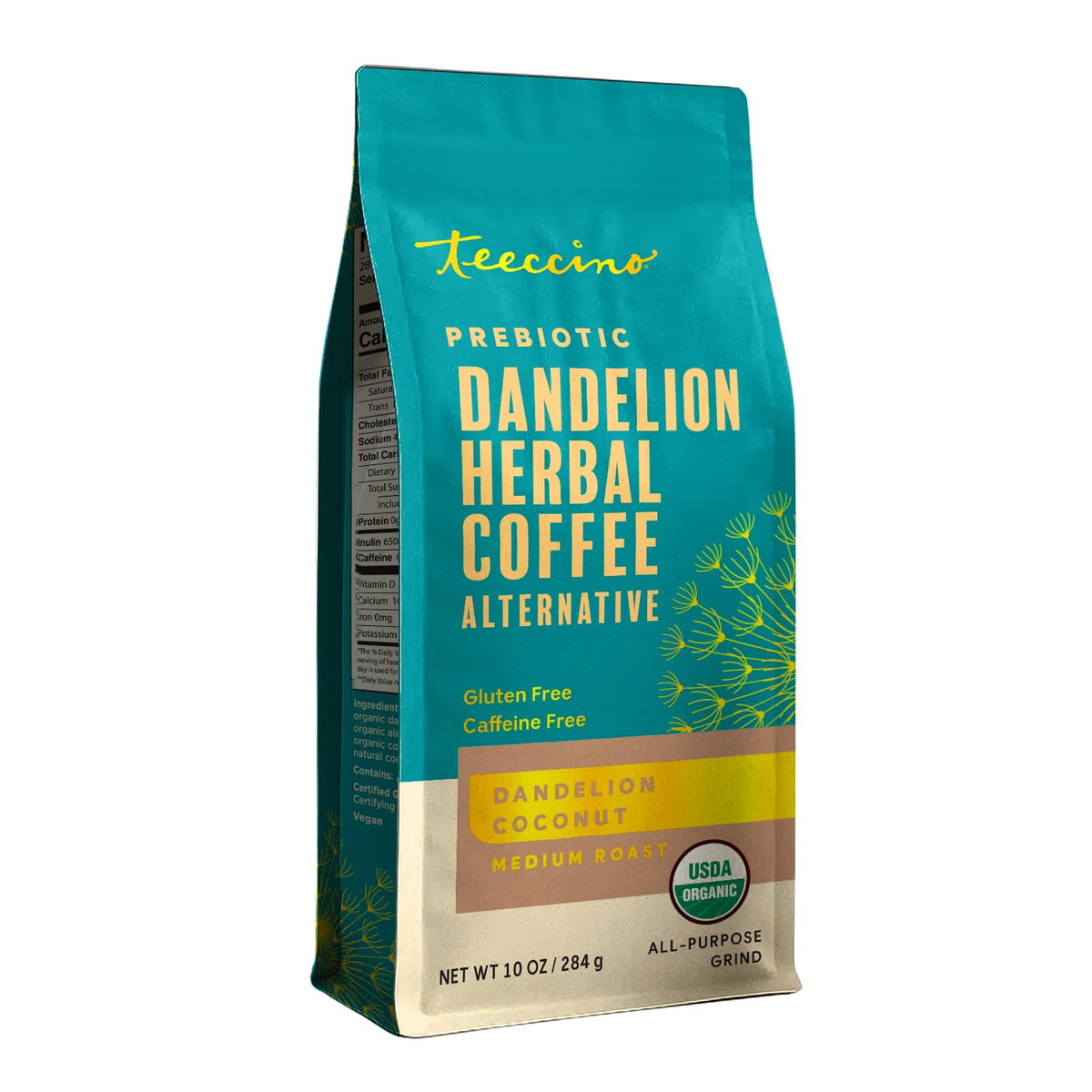 Teeccino paquete frontal mostrando la marca y beneficio sin cafeína