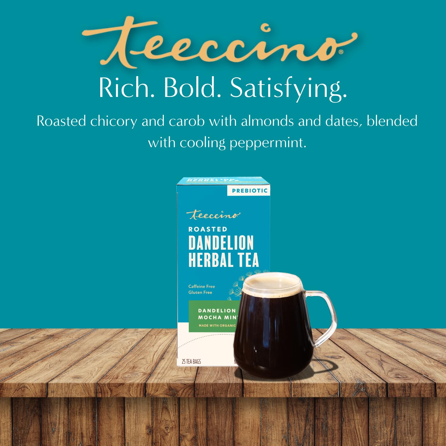 Teeccino comparación de tamaño del saquito, bolsita de 6 g concentrada