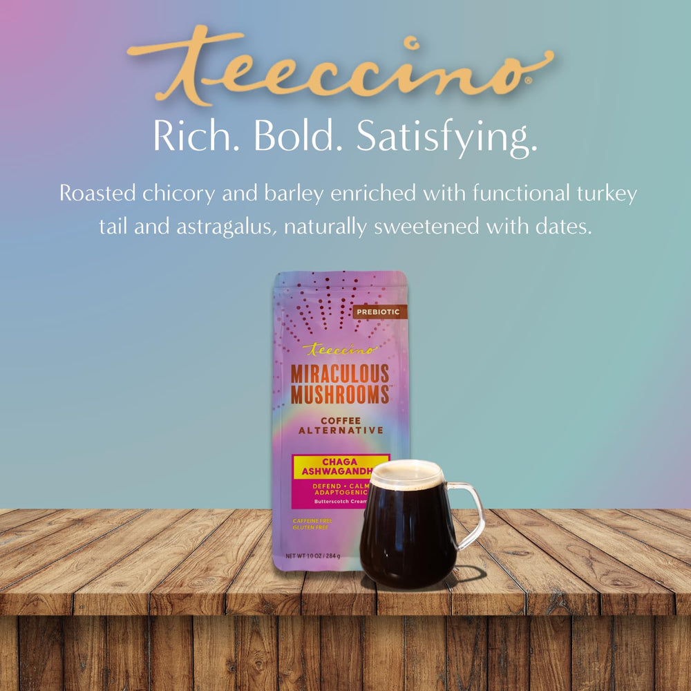 Teeccino envase con etiqueta y beneficios nutricionales visibles