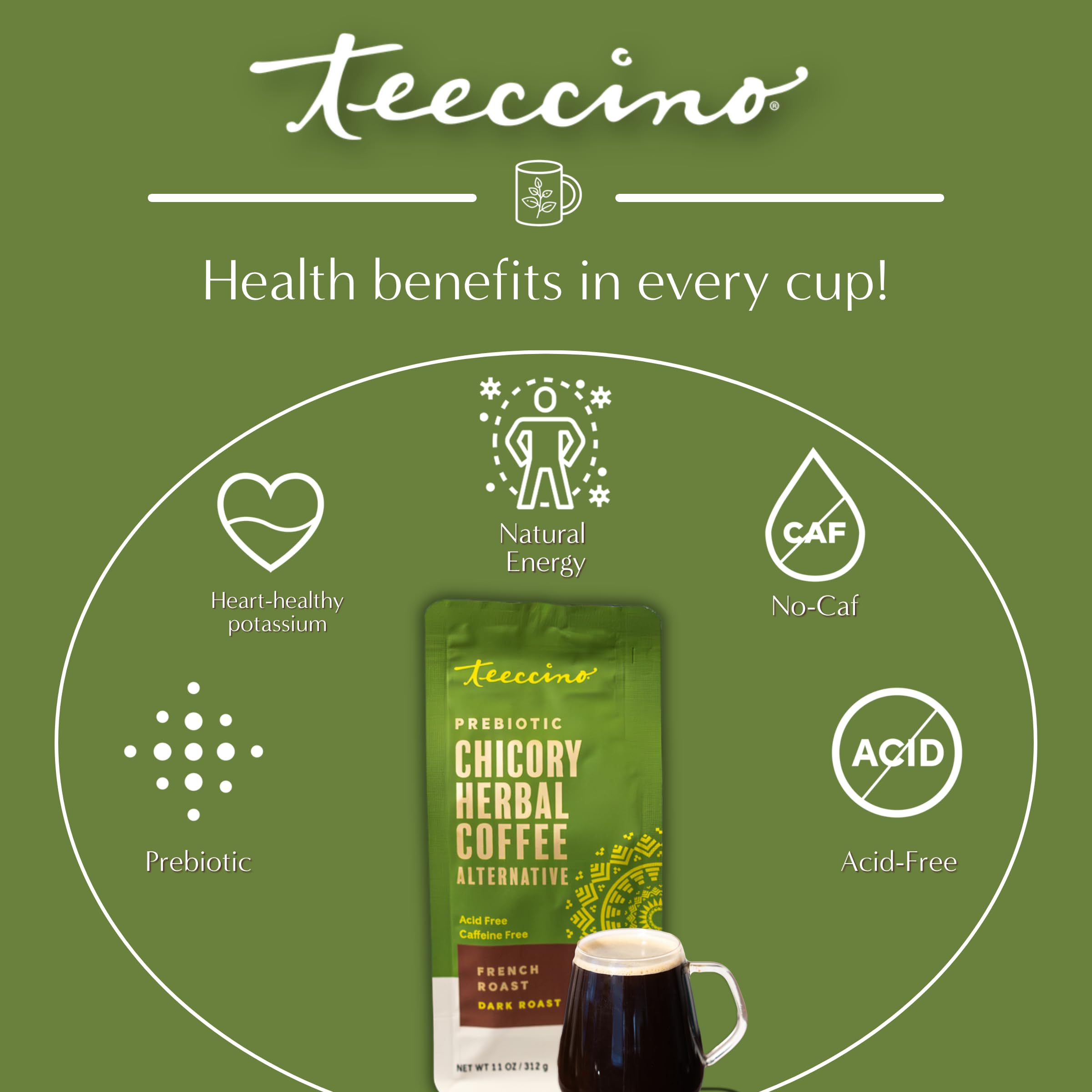 Teeccino comparación de tamaño del envase de 11 oz para referencia del comprador