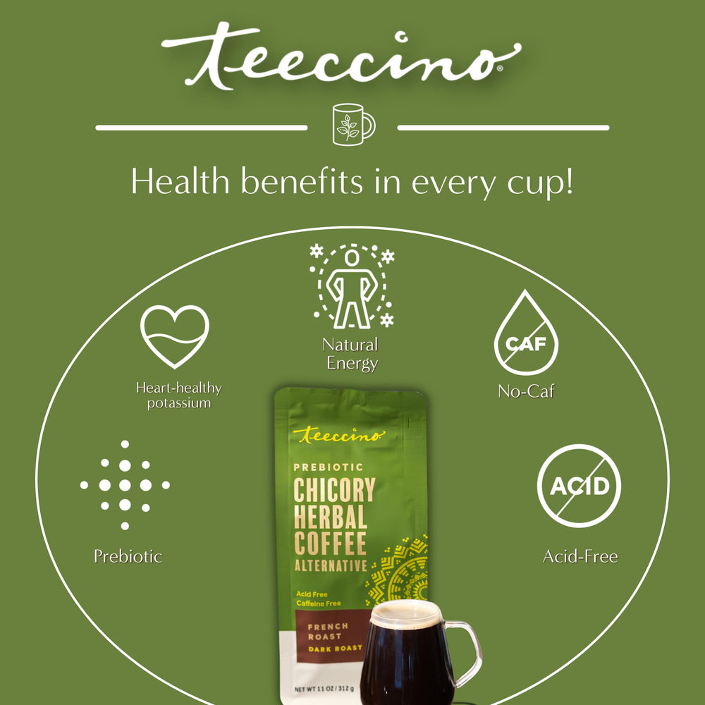 Teeccino comparación de tamaño del envase de 11 oz para referencia del comprador