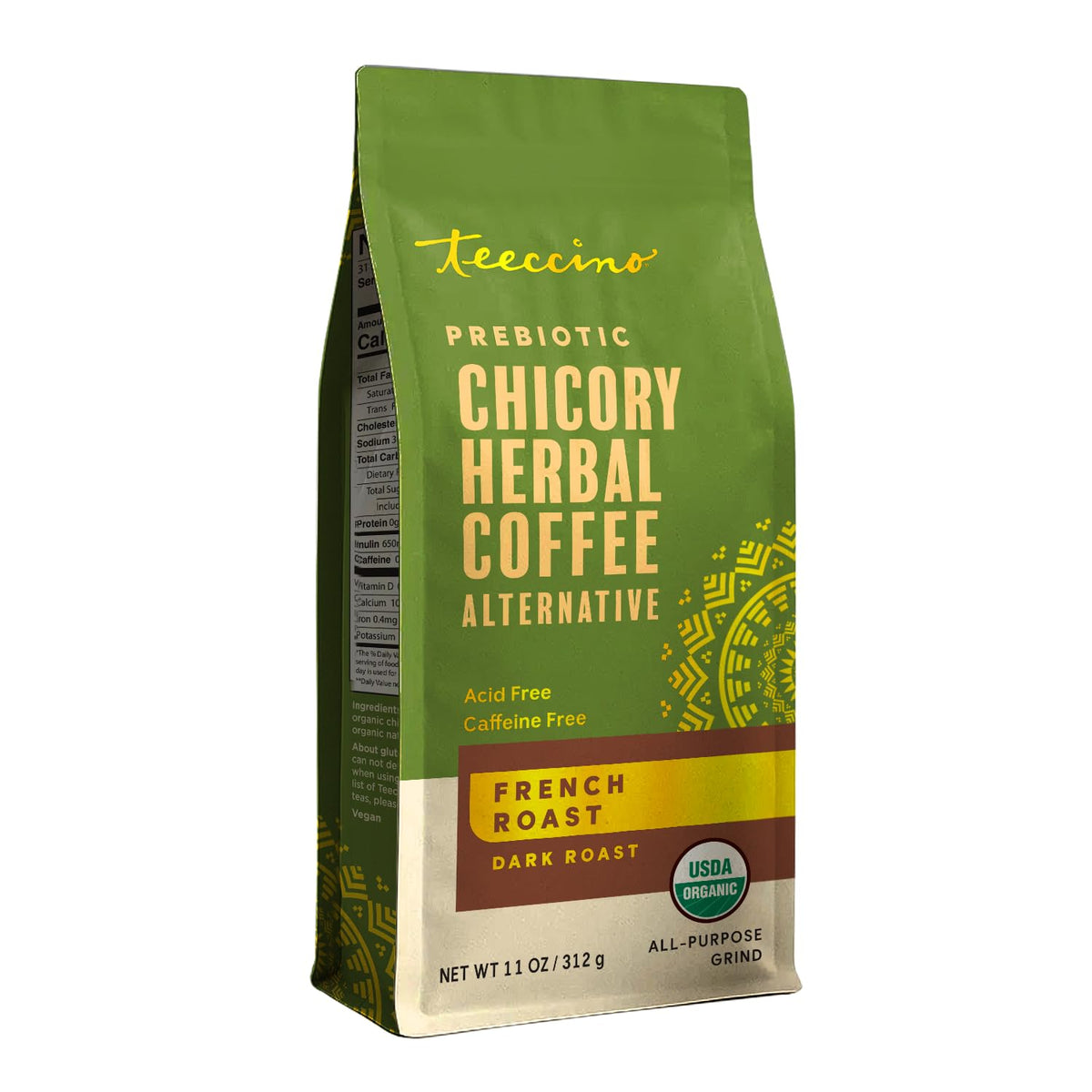 Teeccino paquete frontal mostrando etiqueta y tamaño 11 oz beneficio sabor tostado