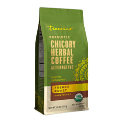 Teeccino paquete frontal mostrando etiqueta y tamaño 11 oz beneficio sabor tostado