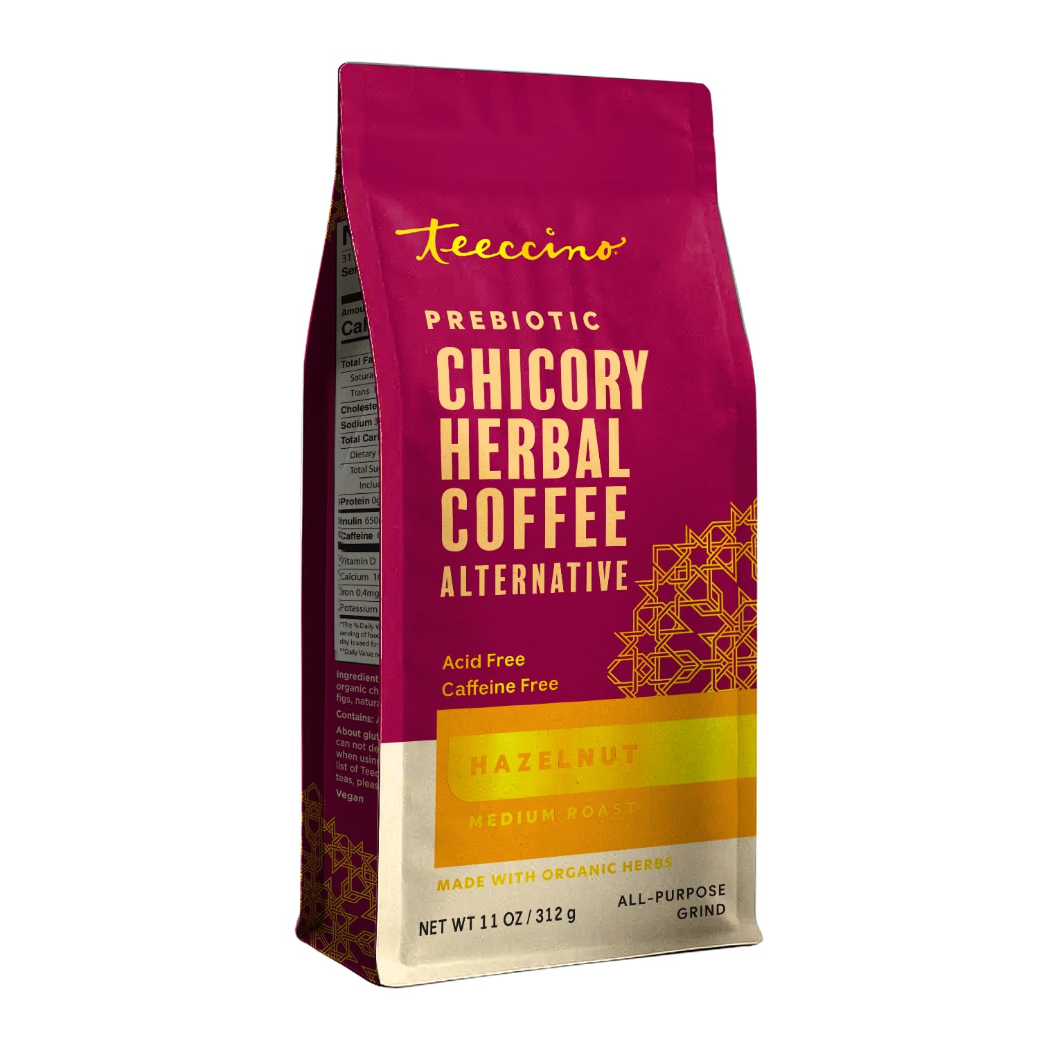 Teeccino paquete frontal Hazelnut Chicory muestra sabor y formato