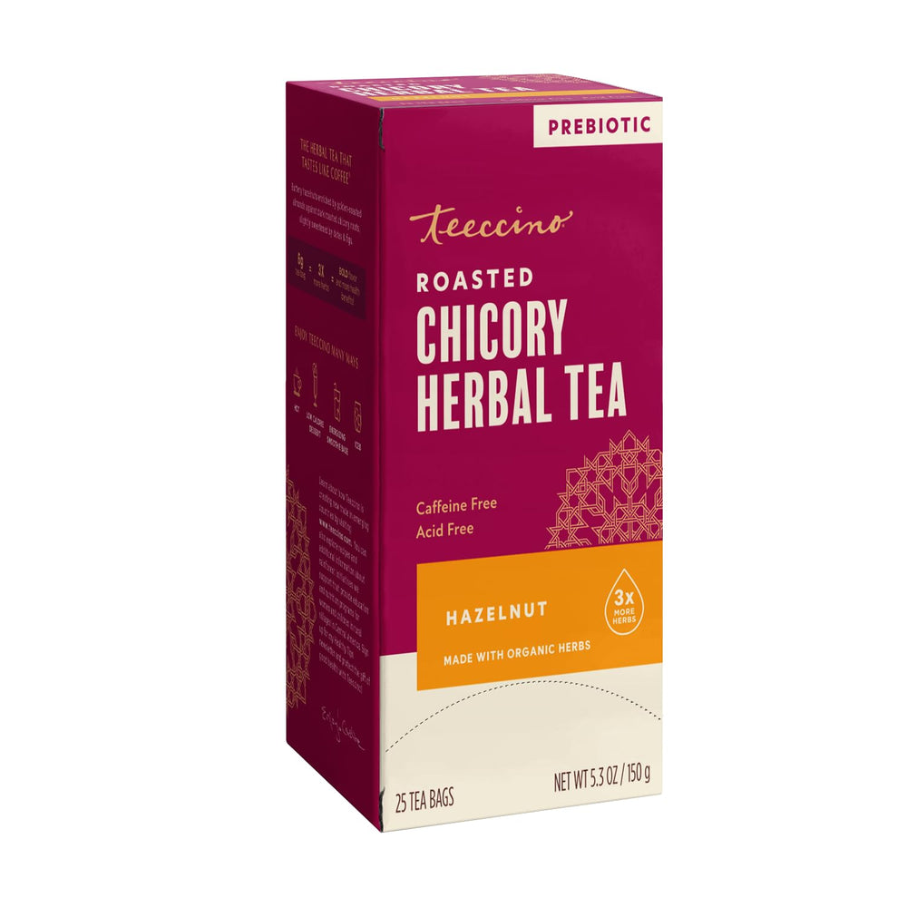 Teeccino en mesa de desayuno junto a leche vegetal y frutas