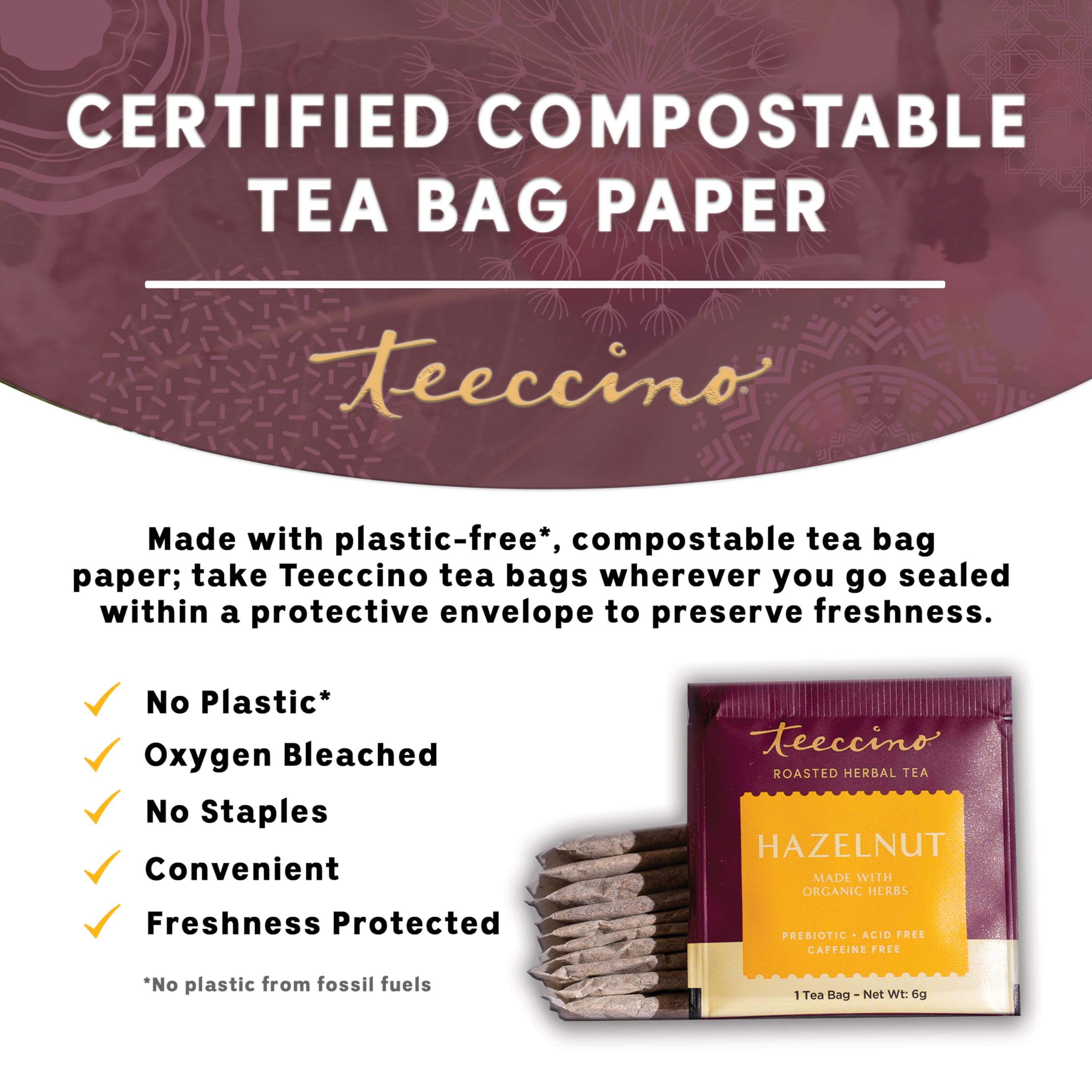 Teeccino bolsita al lado de regla para comparar tamaño real