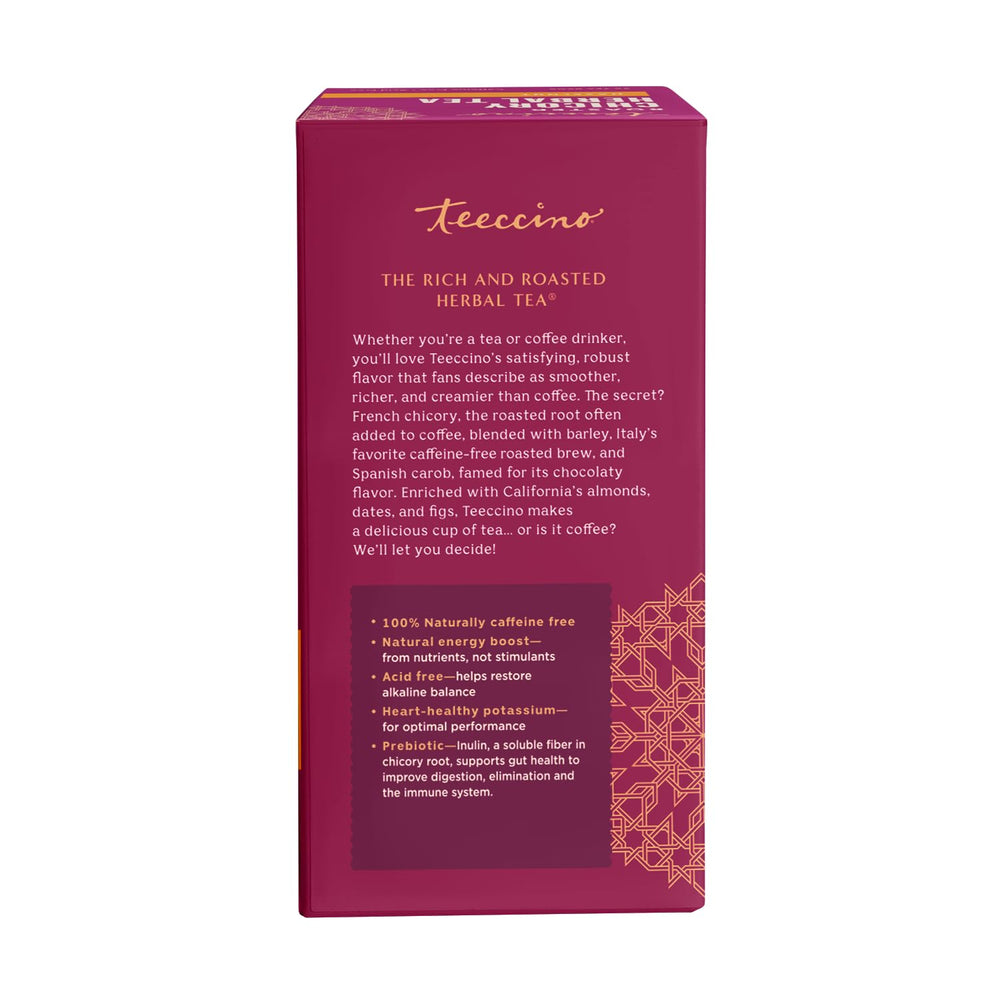 Teeccino etiqueta con ingredientes orgánicos y prebiótico destacado