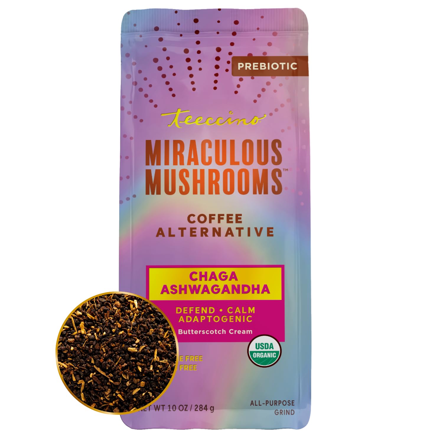 Teeccino ingredientes chaga y ashwagandha sobre mesa indicando origen orgánico