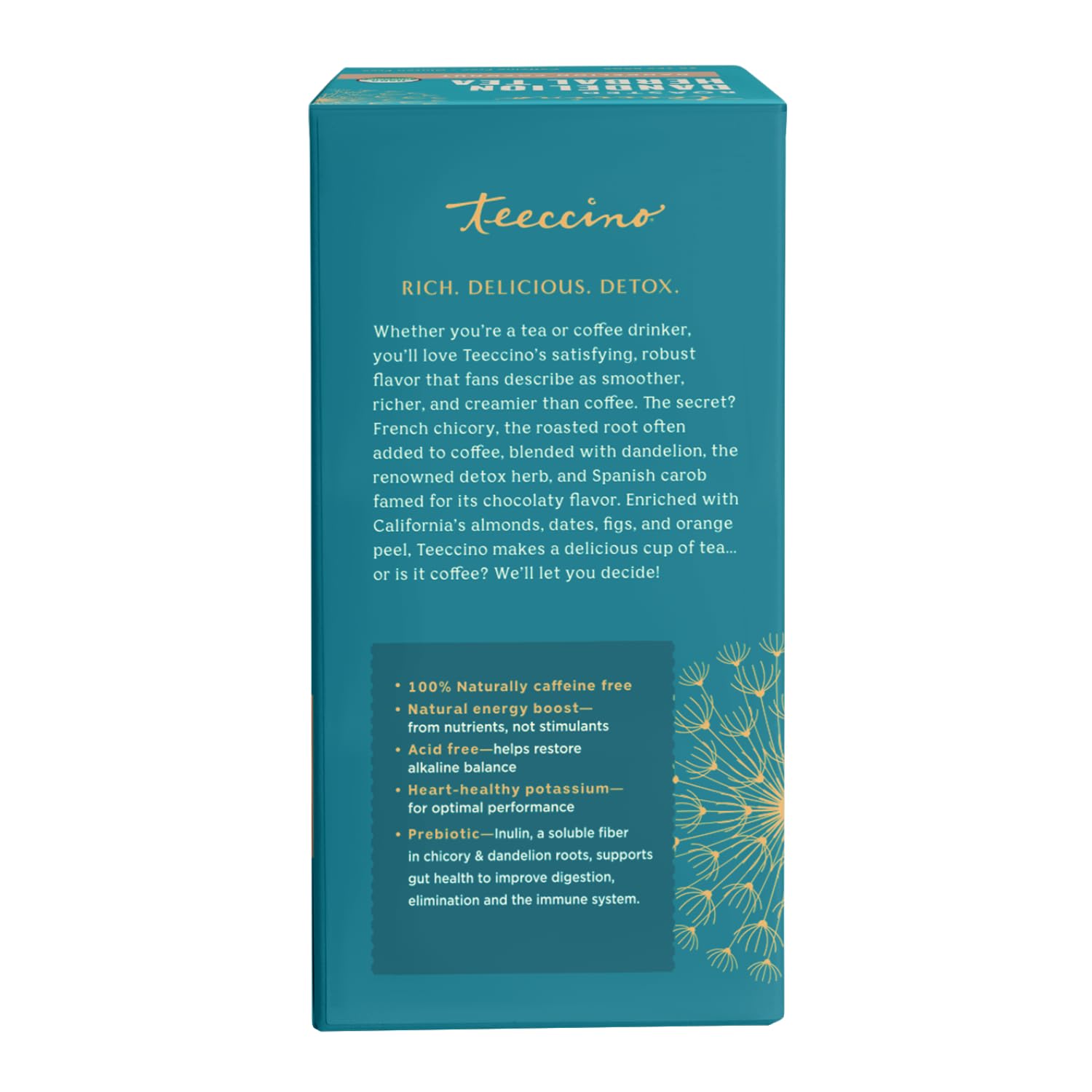 Ingredientes crudos: diente de león, achicoria, coco y dátiles para Teeccino