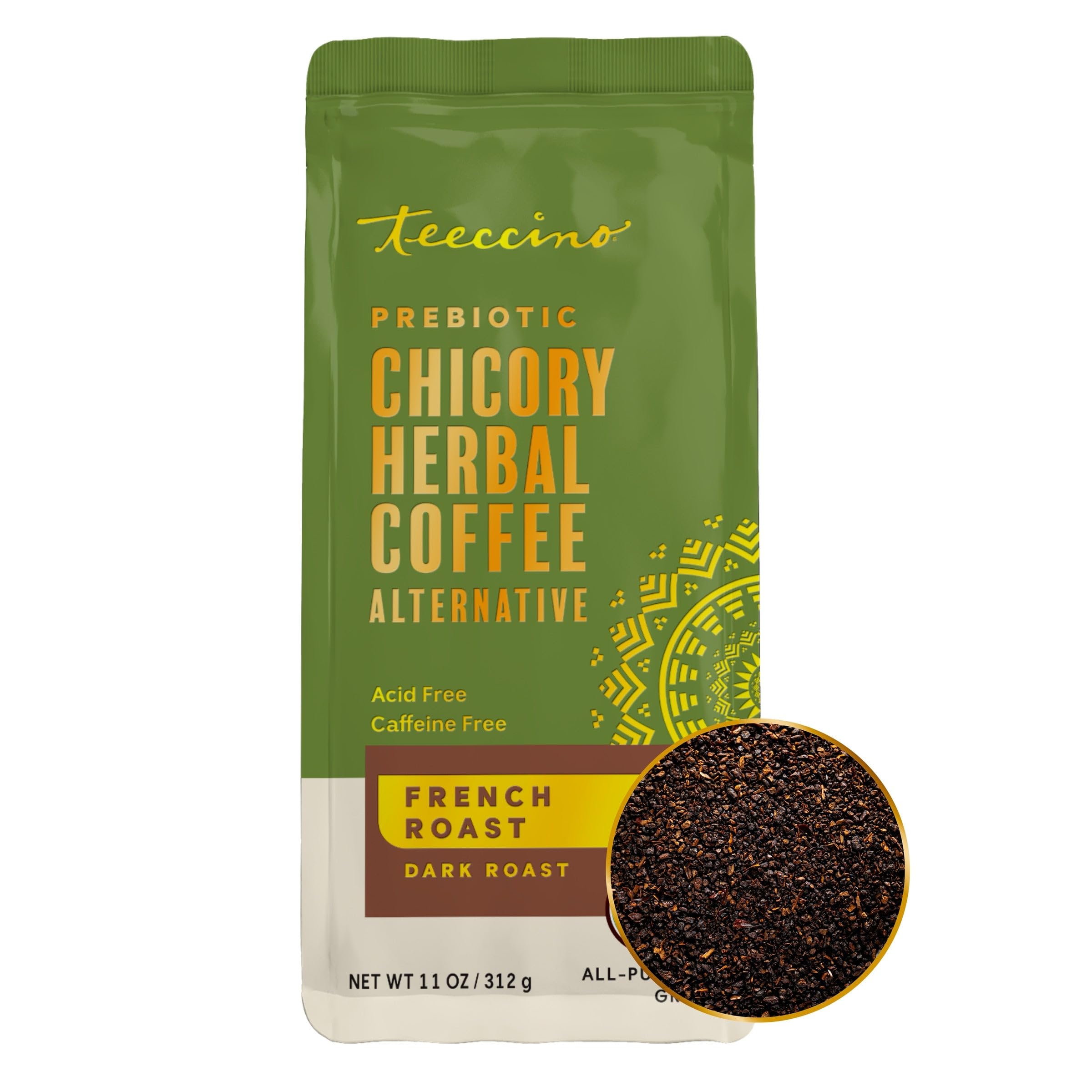 Teeccino escena de desayuno con latte espumado listo para disfrutar sin cafeína