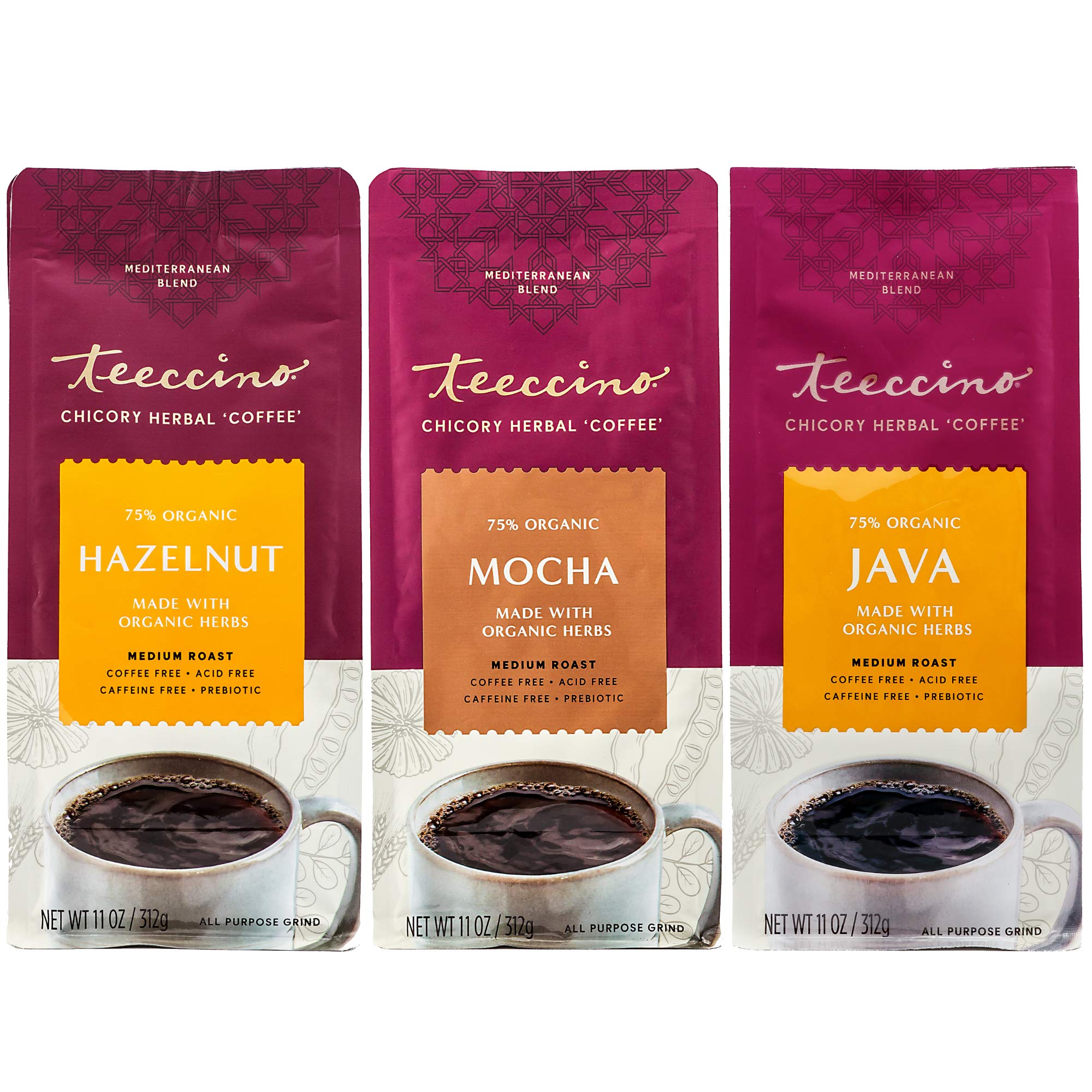 Teeccino pack frontal mostrando Avellana Mocha y Java, elección sin cafeína