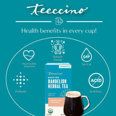 Taza humeante de Teeccino Dandelion Coconut, bebida sin cafeína reconfortante