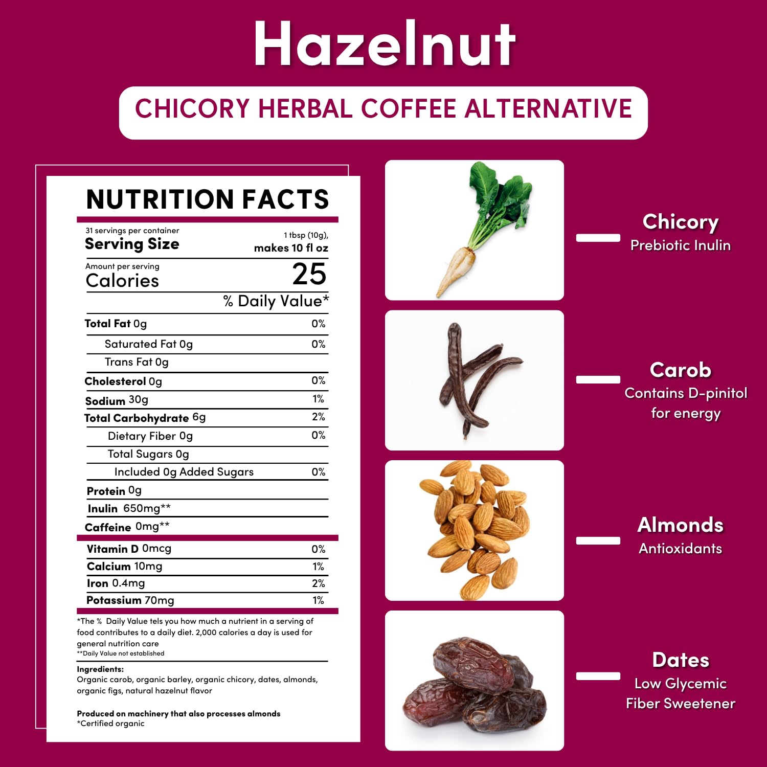 Teeccino taza humeante Hazelnut Chicory disfruta sabor sin cafeína