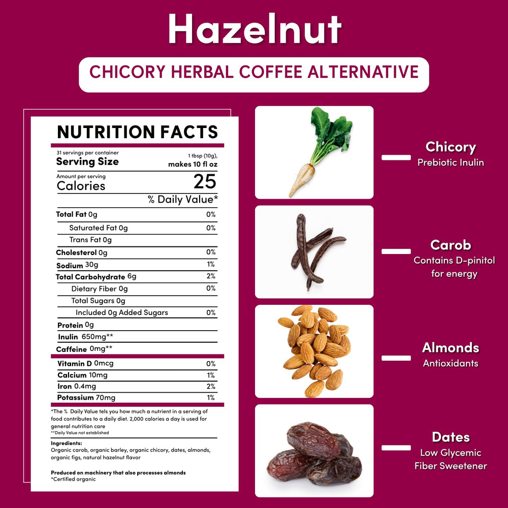 Teeccino taza humeante Hazelnut Chicory disfruta sabor sin cafeína