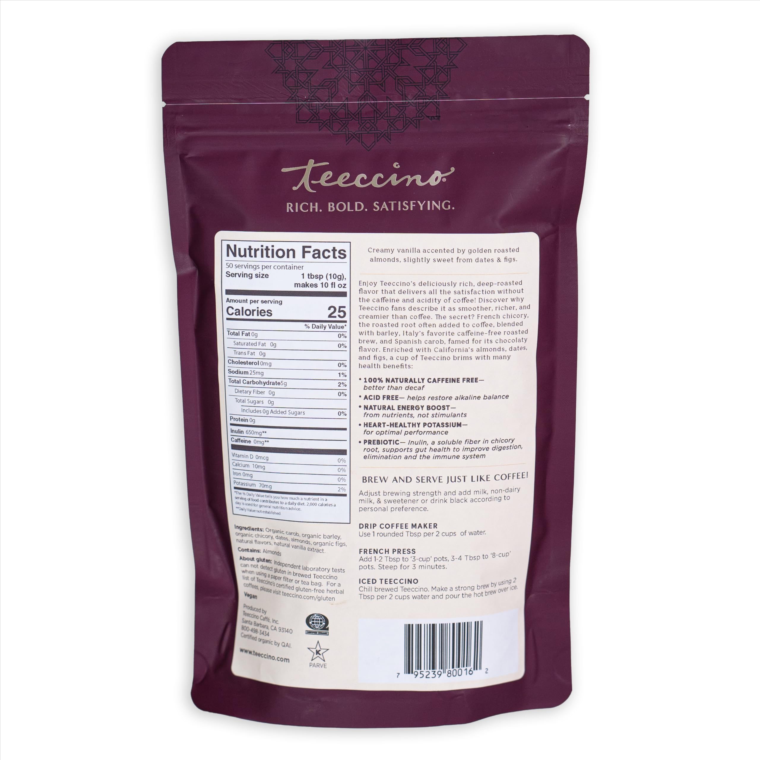 Teeccino en mesa de desayuno con leche y alternativas veganas