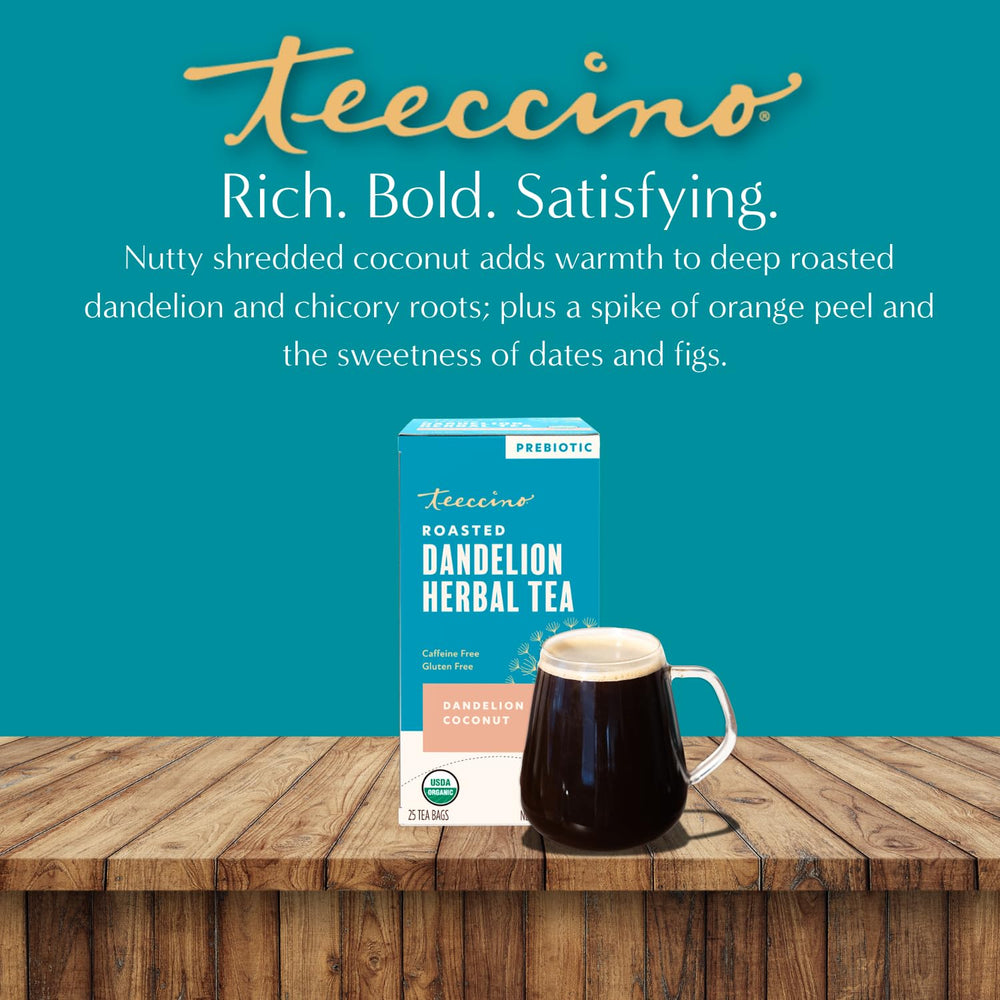 Vaso con Teeccino frío y hielo, refrescante y prebiótico para días calurosos