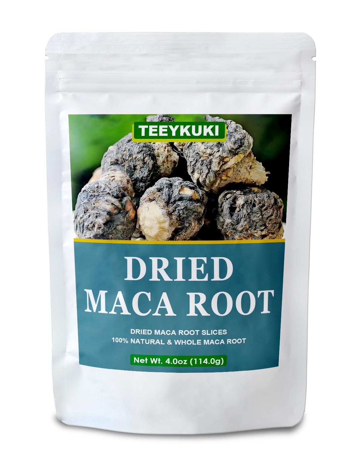 TEEYKUKI presentación frontal del paquete con rodajas de maca negra, práctico sellado