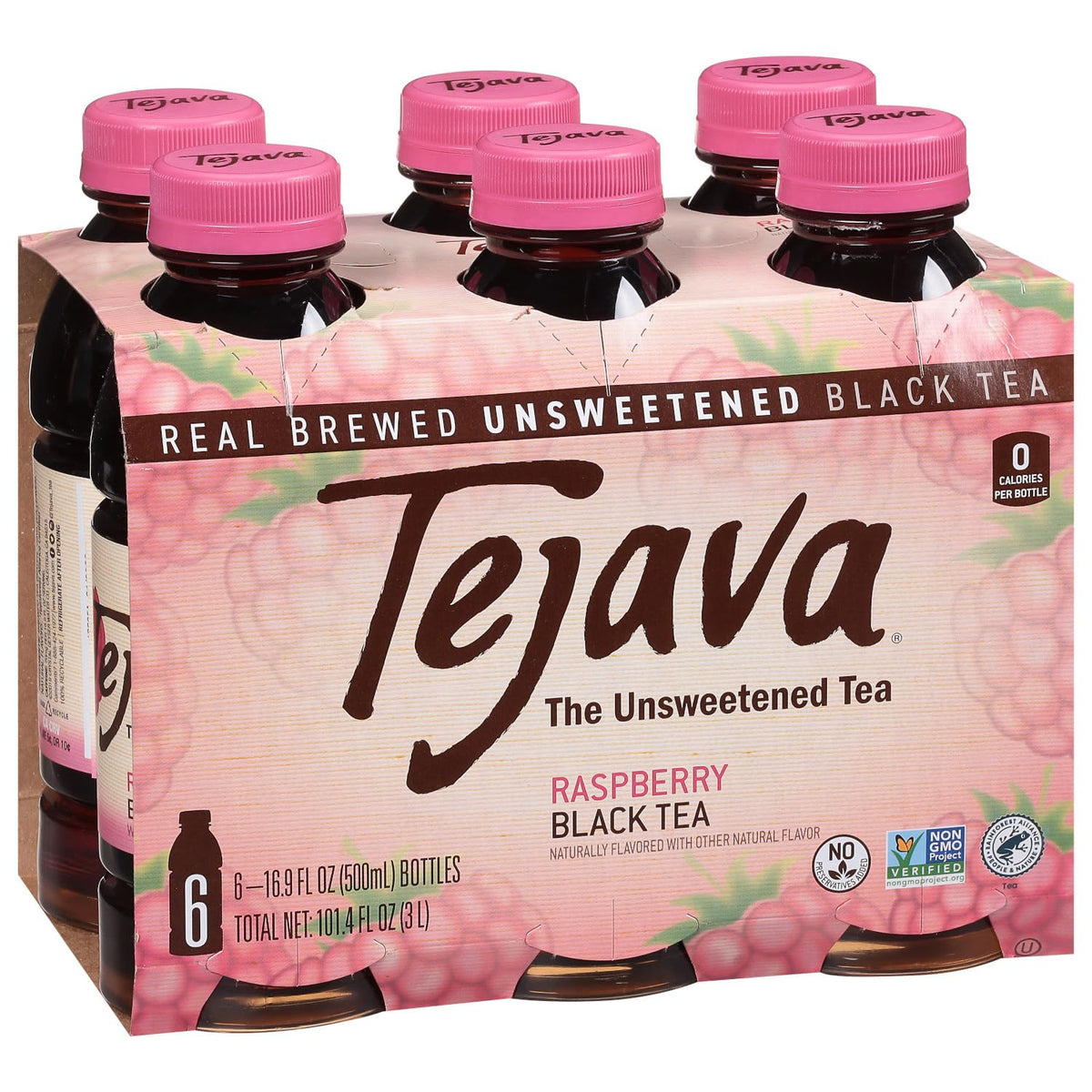 Tejava frambuesa frontal pack de 6 mostrando botellas reciclables