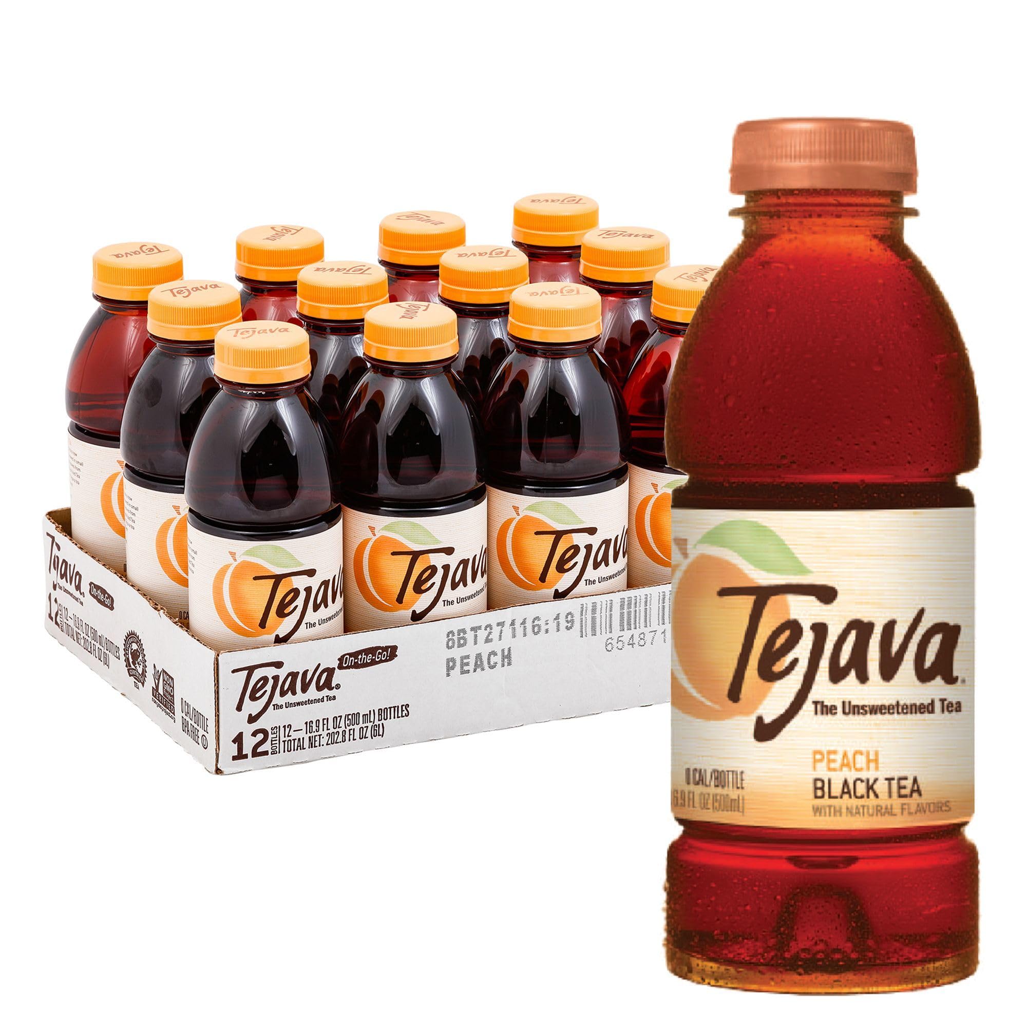 Tejava botella frente con etiqueta de durazno, bebida lista y sin azúcar