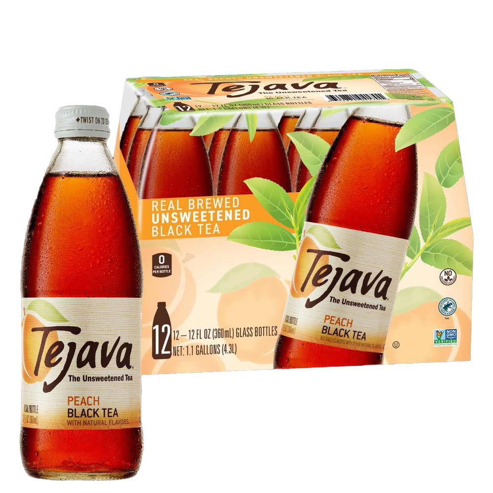 Tejava botella frontal de Peach mostrando etiqueta y beneficio sin azúcar