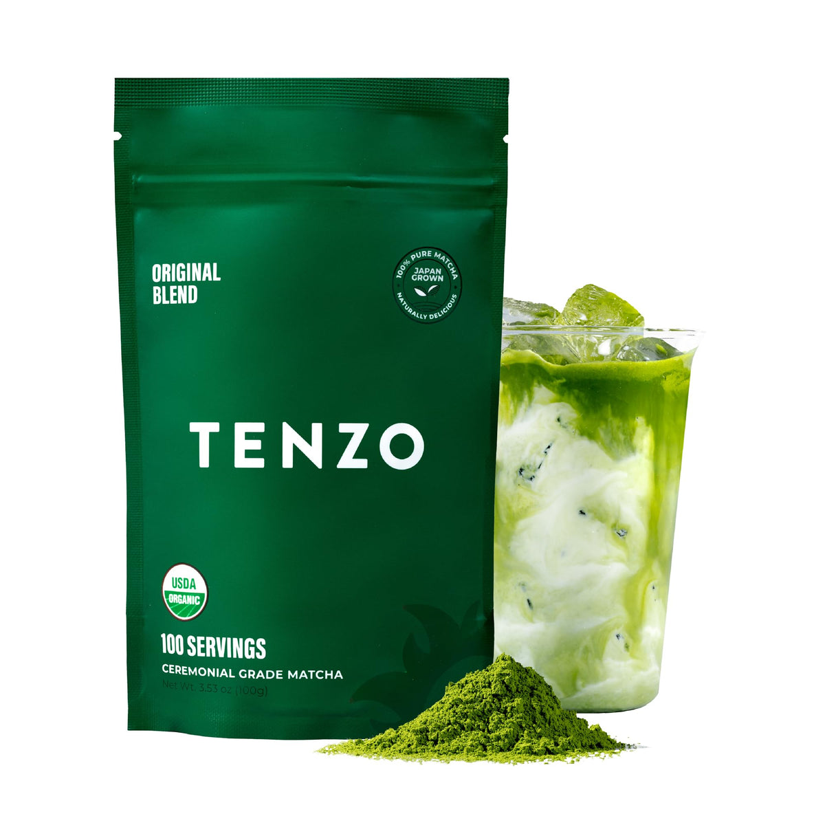 Tenzo Tea envase frontal mostrando etiqueta orgánica y beneficios