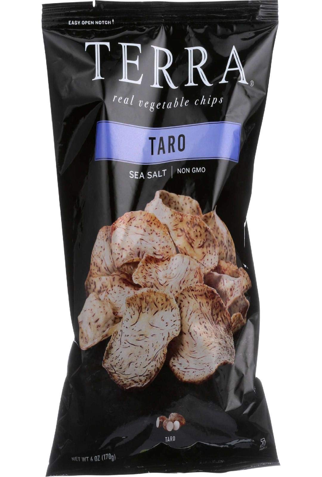 Terra chips taro vista frontal paquete, presentación clara y práctica