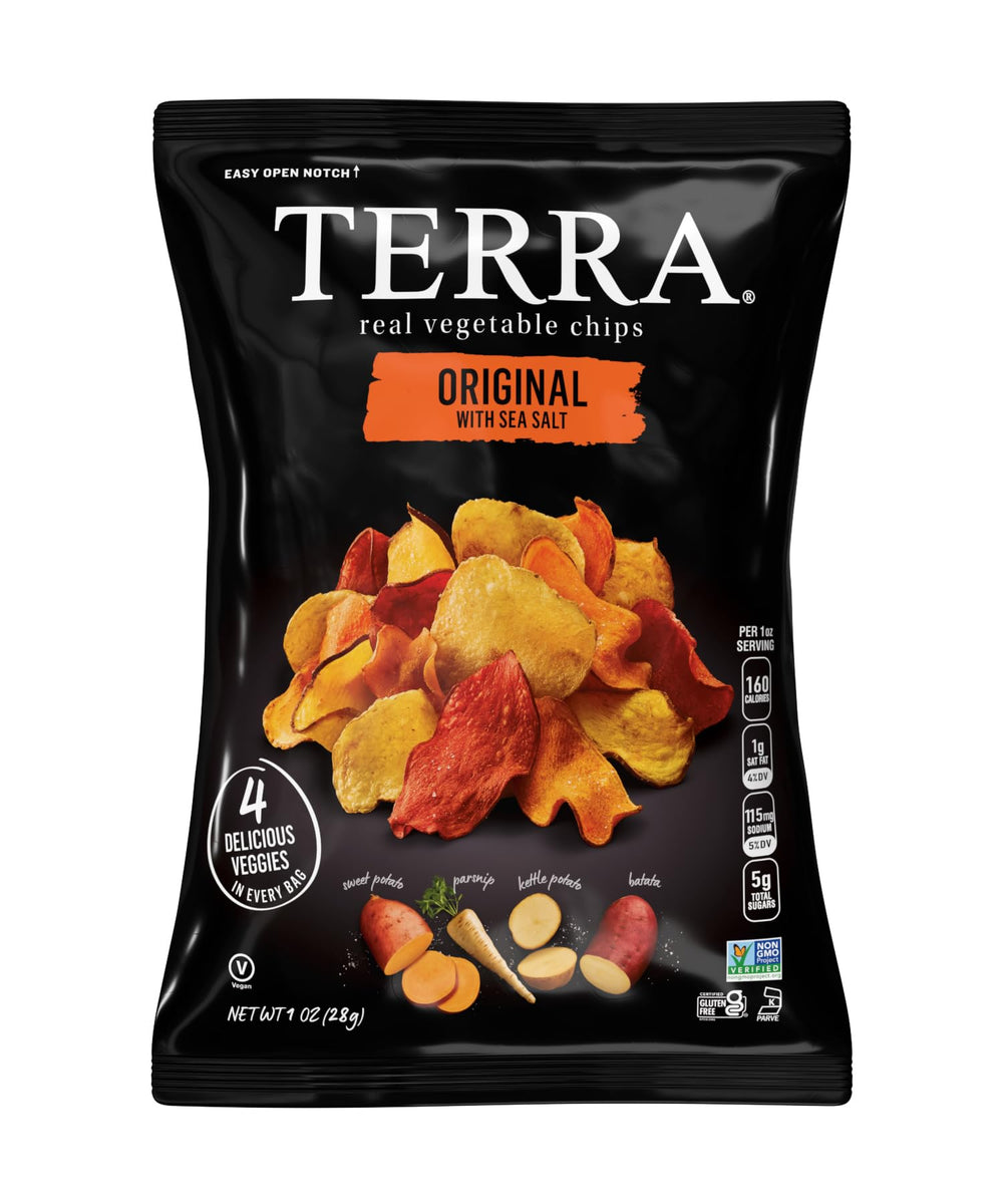 Terra etiqueta con certificaciones Non‑GMO y Gluten Free claras