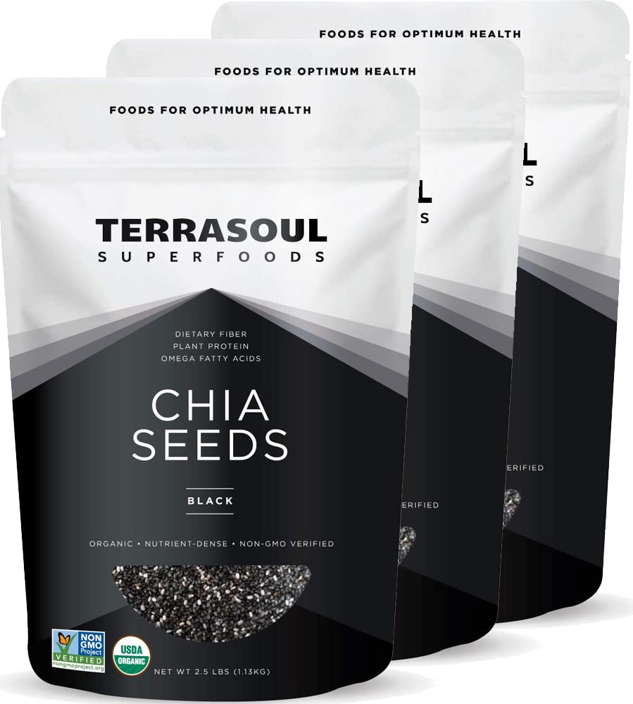 Terrasoul Superfoods paquete frontal de semillas de chía negras orgánicas muestra cantidad y marca