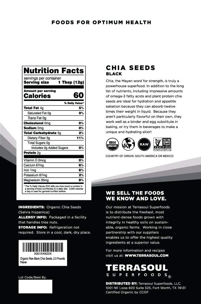 Terrasoul Superfoods primer plano textura de semillas de chía, muestra frescura