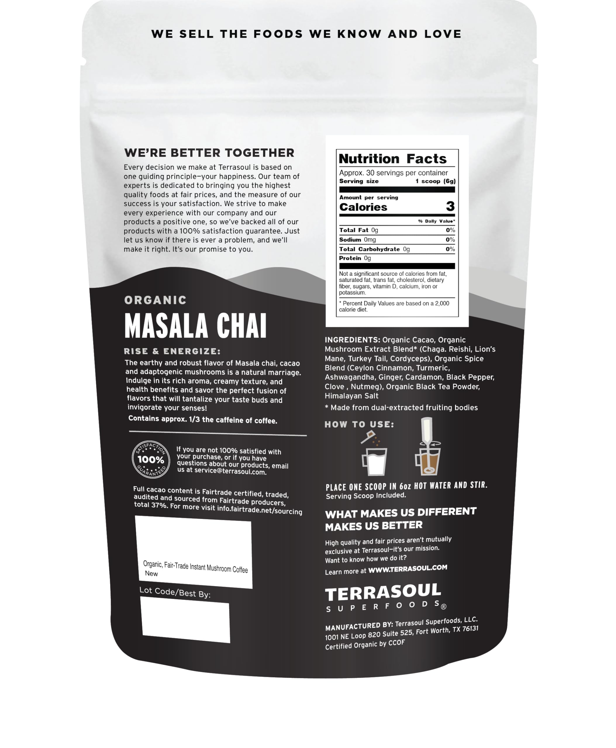 Terrasoul Superfoods etiqueta cercana mostrando ingredientes orgánicos y trazabilidad