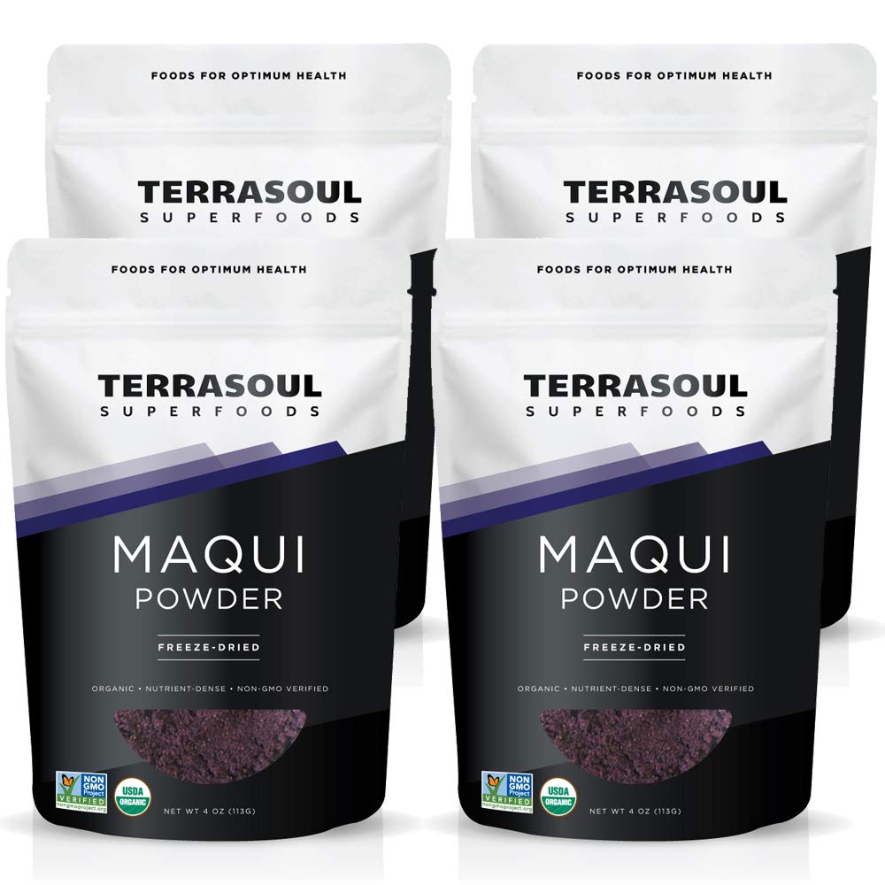 Terrasoul Superfoods paquete frontal mostrando el polvo de maqui y beneficios visuales
