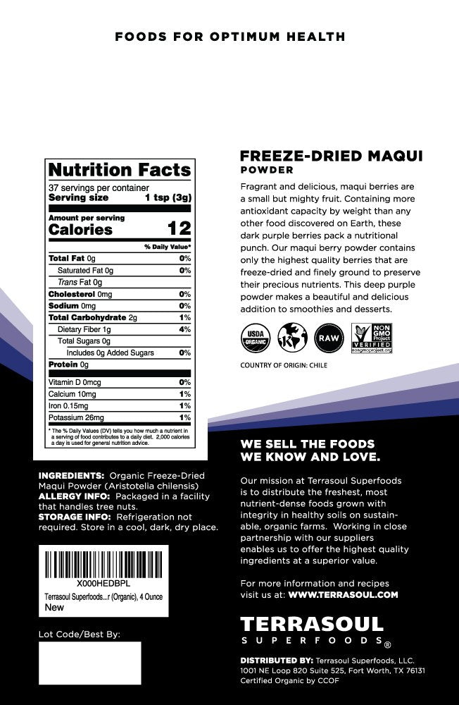 Terrasoul Superfoods primer plano de la textura fina del polvo de maqui para fácil mezcla
