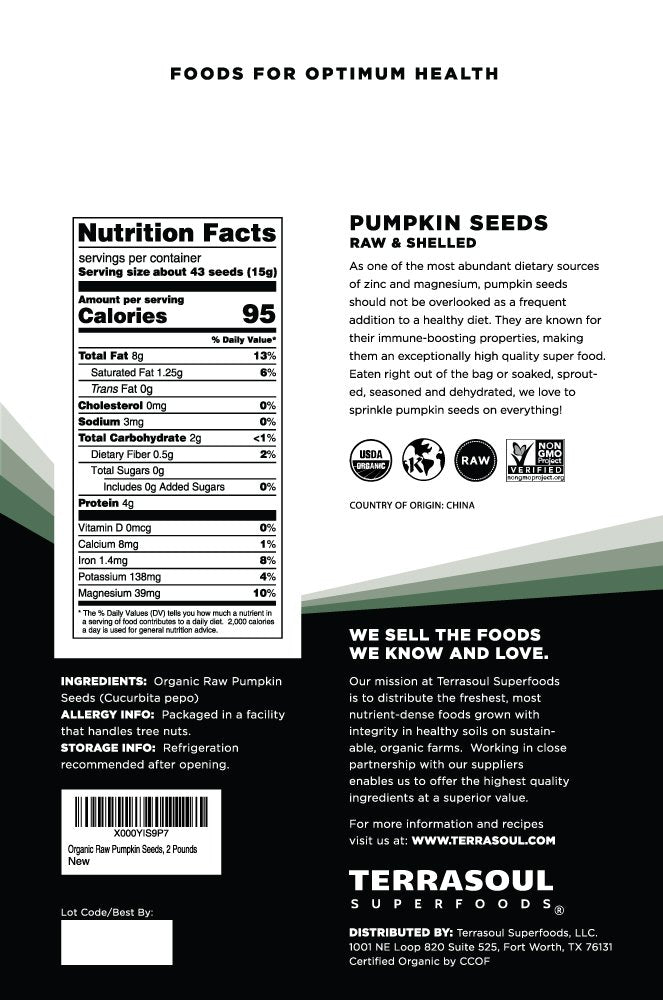 Terrasoul Superfoods primer plano de textura de pepitas crudas que muestra frescura