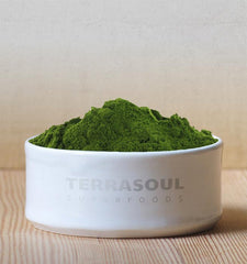 Terrasoul Superfoods polvo mezclado en batido verde listo para consumir