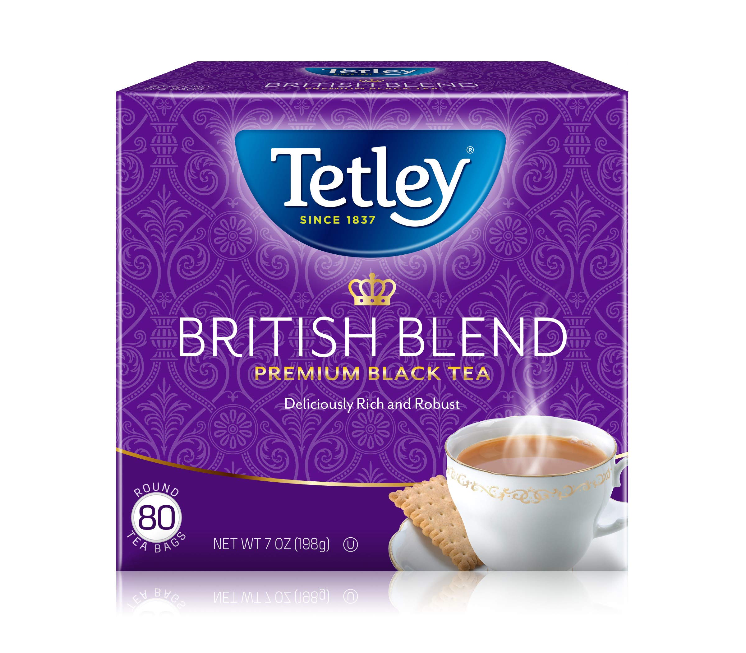 Tetley vista frontal del paquete de 80 bolsitas mostrando marca y cantidad, conveniencia