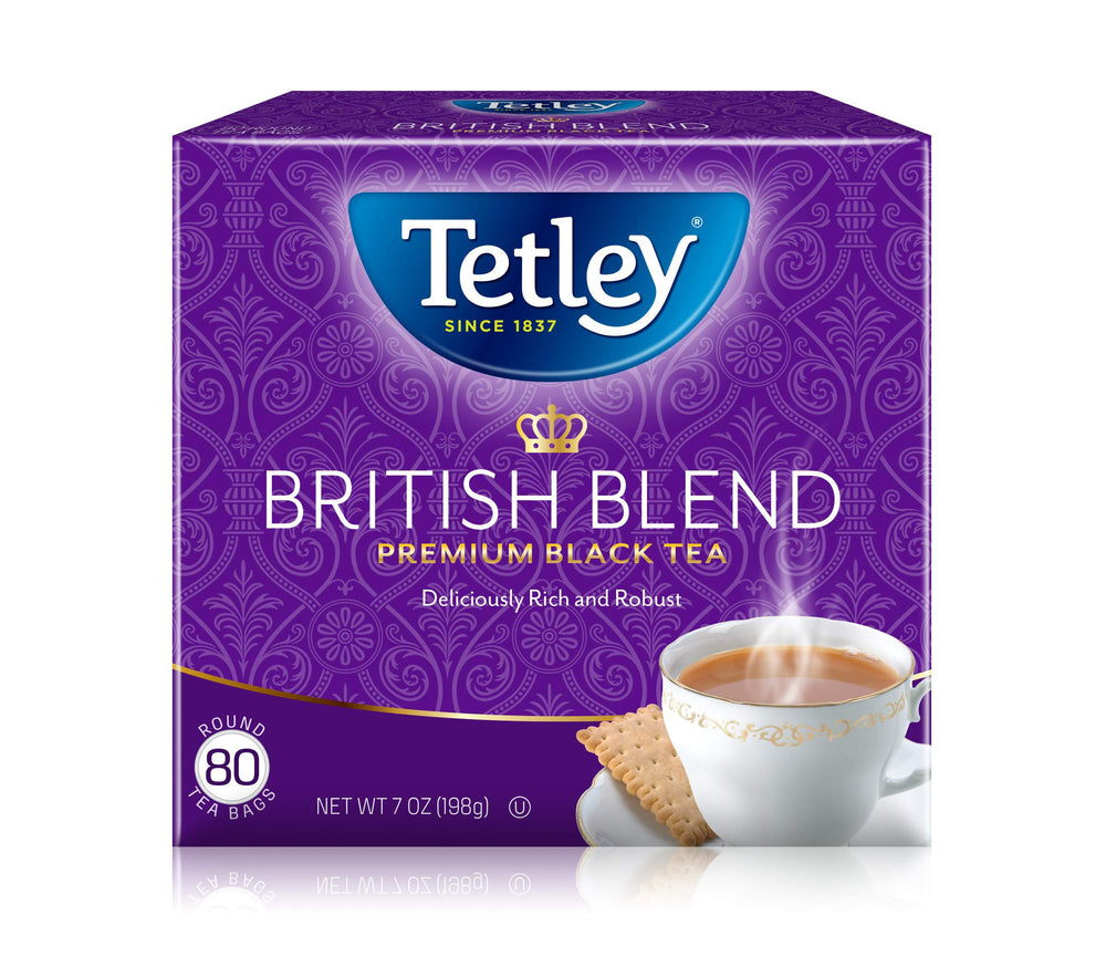 Tetley vista frontal del paquete de 80 bolsitas mostrando marca y cantidad, conveniencia