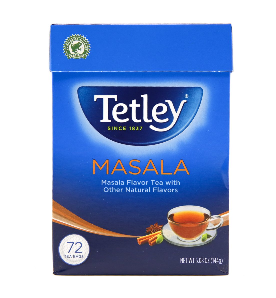 Tetley masala frente del paquete mostrando marcas y cantidad — claridad y confianza