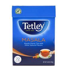 Tetley masala frente del paquete mostrando marcas y cantidad — claridad y confianza